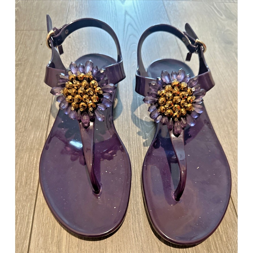 Coach Women Size 9B "Hilda" Jelly Thong Sandals Purple Embellished Flower‼️READ